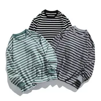 Весна и осень Новый мужской корейский стиль круглый вырез контрастного цвета полосатый длинный рукав чистый хлопок пара интернет знаменитости тот же стиль топ M