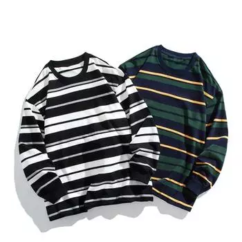 Весна и осень, новый мужской корейский стиль, контрастная полосатая круглая толстовка с длинными рукавами, модный плотный универсальный топ из чистого хлопка M