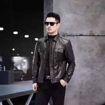 Весна и осень, новый мужской первый слой коровьей кожи ретро масло воск натуральная кожа одежда мода отворот тонкая кожаная куртка пальто тренд L