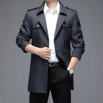 Весна и осень Новый мужской тренчкот средней и длинной длины Корейская версия Тонкий тренчкот Куртка Двубортный пиджак Тренчкот Мужское пальто 170 хаки