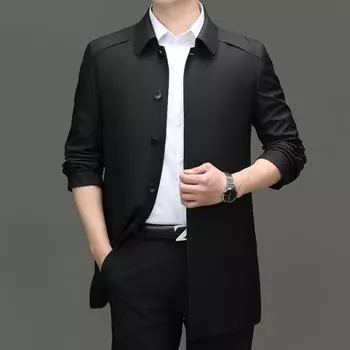 Весна и осень новый мужской тренчкот средней и длинной длины модный повседневный однотонный лацкан для папы повседневный тренчкот 170 чёрный