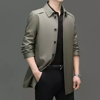 Весна и осень новый мужской тренчкот средней и длинной длины модный повседневный однотонный лацкан для папы повседневный тренчкот 170 чёрный