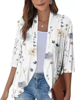 Весна и осень Новый однотонный кардиган с принтом Пальто с рукавами семь четвертей и оборками S белый