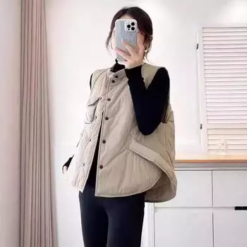 Весна и осень новый пуховый хлопковый жилет женский взрывной повседневный свободный и тонкий модный жилет с приливом снаружи M(80-110) хаки
