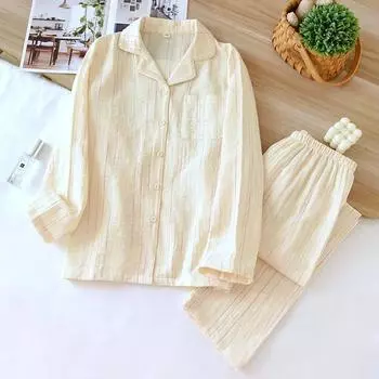 Весна и осень Новый японский пижамный комплект 100% хлопок в полоску с длинными рукавами и брюками комплект из двух предметов тонкая домашняя одежда M