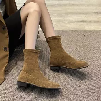 Весна и осень, новый стиль, бархатные круглые сапоги с высокой эластичностью, ретро-рукавами, на грубом каблуке, короткие сапоги для женщин 35 хаки