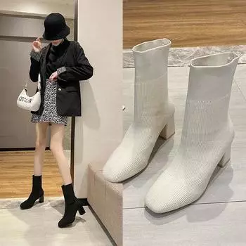 Весна и осень Новый стиль грубый каблук квадратный носок Мартин сапоги Интернет красный высокий каблук эластичные узкие носки сапоги одинарные сапоги 35