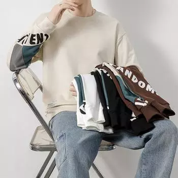 Весна и осень, новый стиль, контрастные цвета, сращивание, длинные рукава, мужская модная повседневная рубашка, свободная толстовка с круглым вырезом для мальчиков M