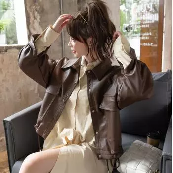 Весна и осень новый стиль кожаная куртка женская короткая свободная куртка мотоциклетная кожаная куртка стираная искусственная кожа верх зима M