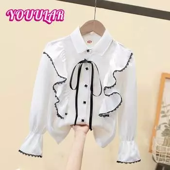 Весна и осень Новый стиль кукольный воротник милый длинный рукав модный топ для девочек белая рубашка школьная форма для студентов 110