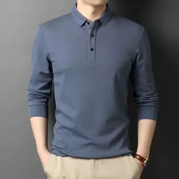 Весна и осень новый стиль лацкан однотонная футболка с длинными рукавами деловая рубашка поло мужская хлопковая верхняя часть модная мужская одежда M
