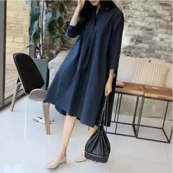 Весна и осень Новый стиль Литературный стиль Простое повседневное платье-рубашка с длинными рукавами Женское облегающее платье большого размера средней длины выше колена S синий