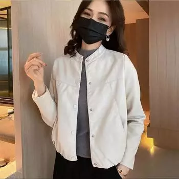 Весна и осень новый стиль маленькая кожаная куртка женская модная тонкая искусственная кожа мотоциклетная одежда повседневная универсальная бейсбольная куртка M