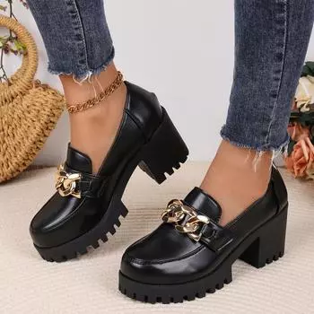 Весна и осень, новый стиль, модные и удобные туфли-лоферы с круглым носком и квадратным каблуком, однотонные повседневные туфли без застежек для женщин 36