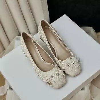 Весна и осень Новый стиль Модные удобные элегантные износостойкие и универсальные туфли-лодочки с цветочным узором и квадратным носком на толстом каблуке 37