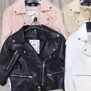 Весна и осень новый стиль мотоциклетная кожаная куртка женская короткая облегающая куртка большого размера из стираной кожи корейский стиль маленькая куртка тренд S
