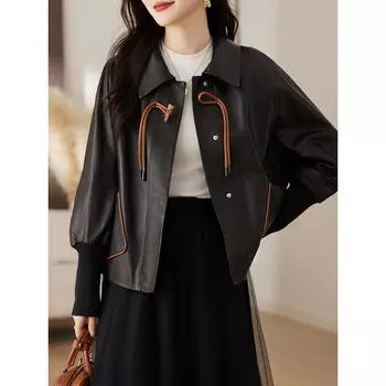 Весна и осень Новый стиль Национальный стиль Натуральная кожаная куртка Женская свободная овчинная куртка Модная черная куртка с короткими лацканами M