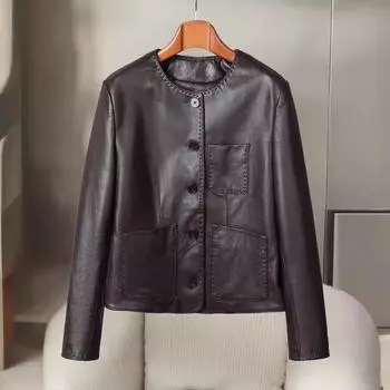Весна и осень новый стиль натуральная кожаная куртка женская короткая куртка из овчины круглый вырез повседневная тонкая кожаная куртка модная M