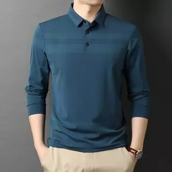 Весна и осень Новый стиль однотонная футболка с длинными рукавами рубашка поло с лацканами для молодых и мужчин среднего возраста мужские топы M