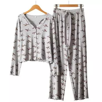 Весна и осень Новый стиль Повседневная пижама с бантом V-образным вырезом Кардиган с длинными рукавами Брюки Комплект домашней одежды M