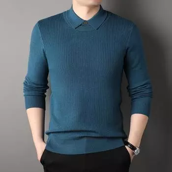 Весна и осень новый стиль повседневный свитер мужской модный вязаный свитер с лацканами однотонный облегающий низ рубашки M