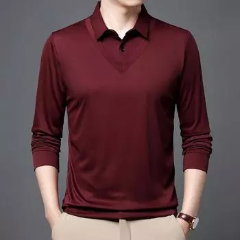 Весна и осень Новый стиль средний возраст Тонкий поддельный двухсекционный мужской лацкан однотонный длинный рукав футболка мужской свободный топ одежда для папы M