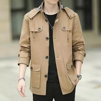 Весна и осень новый стиль ветровка мужское пальто тонкий однотонный повседневный с капюшоном хлопок стираный свободный куртка средней длины топ M