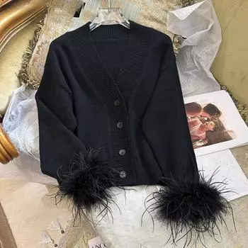 Весна и осень Новый страусиный перо длинный рукав свитер модный темперамент V-образный вырез узкий черный вязаный свитер кардиган S чёрный