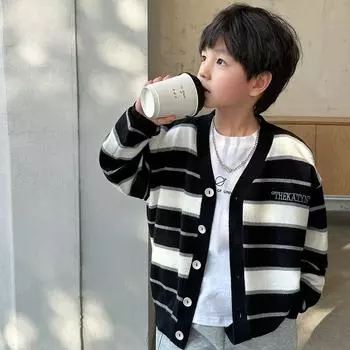 Весна и осень Новый свободный универсальный полосатый контрастный вязаный кардиган для мальчиков 110cm чёрный