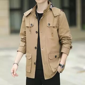 Весна и осень новый тренчкот мужское пальто тонкий однотонный повседневный с капюшоном хлопок стираный свободный куртка средней и длинной длины топ M