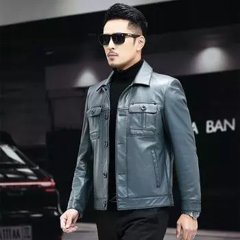 Весна и осень, новый верхний слой из натуральной телячьей кожи, мужская кожаная куртка с лацканами, повседневная деловая куртка для среднего возраста L