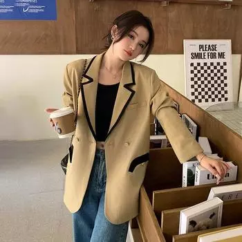 Весна и осень новый женский дизайн контрастного цвета маленький костюм женский свободный большой размер повседневная куртка S