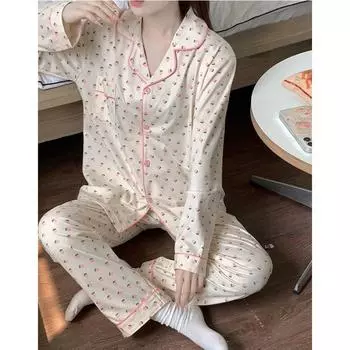 Весна и осень, новый женский милый пижамный комплект с длинными рукавами для дома, комплект для девочек, сетчатый красный, студенческий, повседневный, удобный пижамный комплект M
