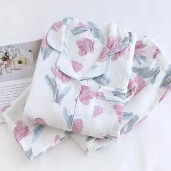 Весна и осень новый женский пижамный комплект 100% хлопок длинные рукава брюки комплект из двух частей кардиган большой размер домашний декор M белый