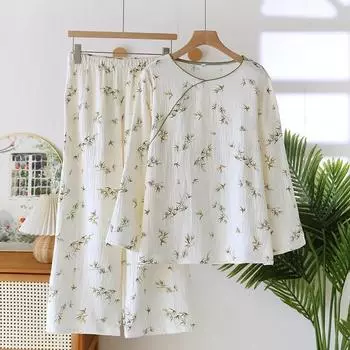 Весна и осень Новый женский пижамный комплект 100% хлопок креп с длинным рукавом длинные брюки комплект из двух предметов простая домашняя одежда M