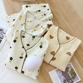 Весна и осень Новый женский пижамный комплект 100% хлопок креп цветок брюки с длинными рукавами и нагрудной накладкой домашний костюм комплект из двух предметов M