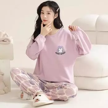 Весна и осень, новый женский пижамный комплект домашней одежды для девочек, длинные брюки с длинными рукавами, простой комплект домашней одежды больших размеров для отдыха M
