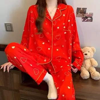 Весна и осень, новый женский пижамный костюм с облачным принтом, домашняя одежда, комплект из двух предметов для девочек с длинными рукавами, на год рождения, большой красный M