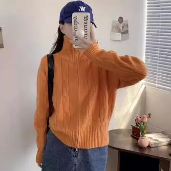 Весна и осень новый женский свободный универсальный вязаный кардиган свитер куртка с двойной молнией One Size оранжевый