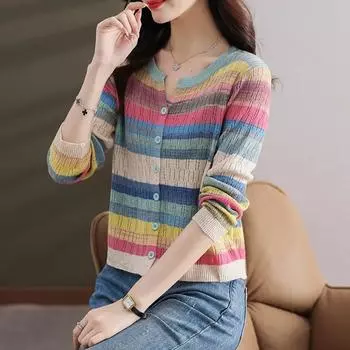Весна и осень Одежда для мам свитер Модный новый свитер Женский полосатый вязаный кардиган Женская куртка Топ M