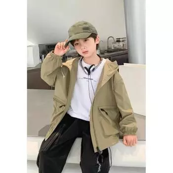 Весна и осень, однотонная куртка с круглым вырезом и капюшоном для мальчиков, свободное повседневное спортивное пальто для детей среднего и большого возраста 170 чёрный