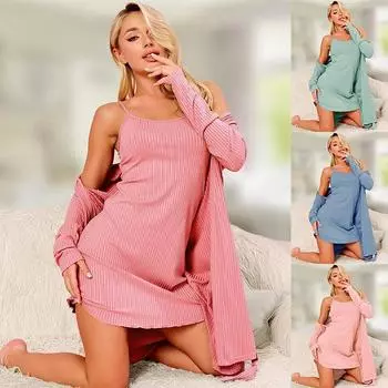 Весна и осень, однотонная ночная рубашка на слинге, повседневная домашняя одежда из двух частей с длинными рукавами XL синий