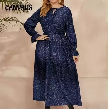 Весна и осень Платья больших размеров для женщин Свободное платье в горошек с длинными рукавами 0XL чёрный