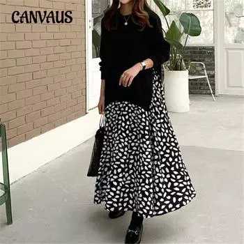 Весна и осень плюс размер футболка с длинным рукавом с принтом большое свободное платье с круглым вырезом длинное платье XL чёрный