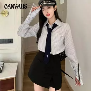 Весна и осень плюс размер в студенческом стиле, полосатая рубашка с длинным рукавом, модная юбка L