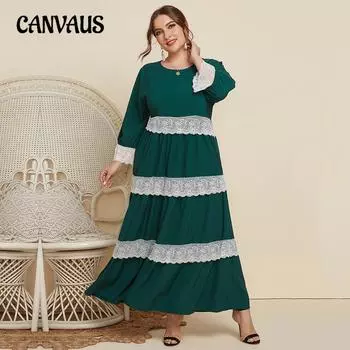 Весна и осень Плюс Размер Женские кружевные сращивания однотонные платья с длинным рукавом 1XL зелёный