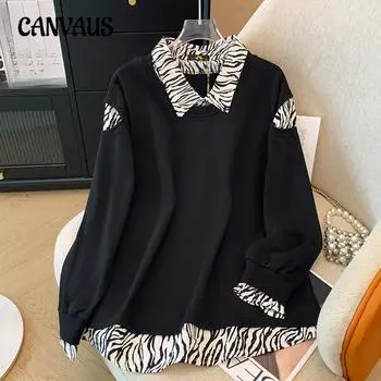 Весна и осень плюс размер женский длинный рукав свитер корейский модный свободный сплайсинговый свитшот 2XL чёрный