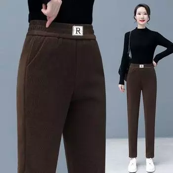 Весна и осень, подкладка из композитного материала из микрофибры 16 дырок, брюки-харлан для мам среднего и пожилого возраста, тонкие женские брюки с высокой талией M чёрный
