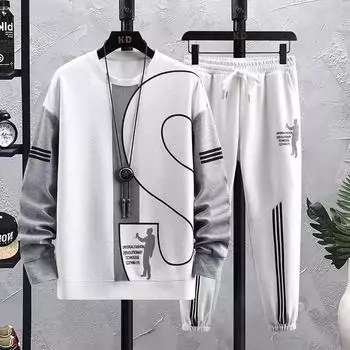 Весна и осень Повседневная футболка с длинными рукавами Мужская вафельная одежда Модный костюм свитер Одежда Свободная футболка и брюки XXXXXL белый