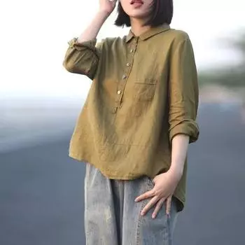 Весна и осень Повседневная свободная однотонная льняная рубашка женская с лацканами и длинными рукавами из хлопка и льна Женская одежда XXXL коричневый